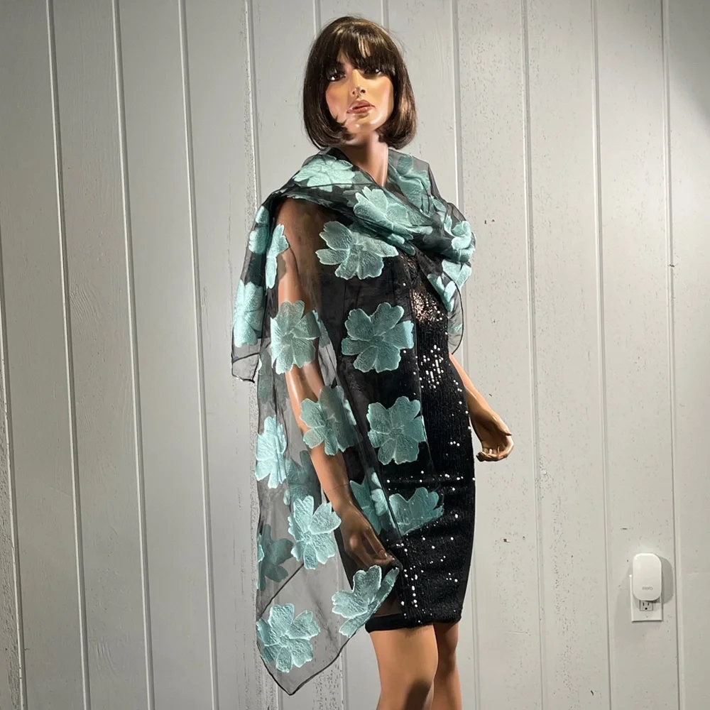 Women’s Blue & Black Floral Semi-Sheer Dress Scarf/Wrap